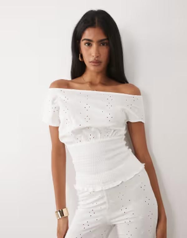 エイソス レディース トップス シャツ ASOS DESIGN broderie shirred off shoulder top part of a set White ホワイト