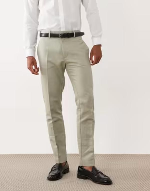 エイソス メンズ ボトムス カジュアルパンツ リネン ASOS DESIGN tailored linen rich slim pants in sage GREEN グリーン