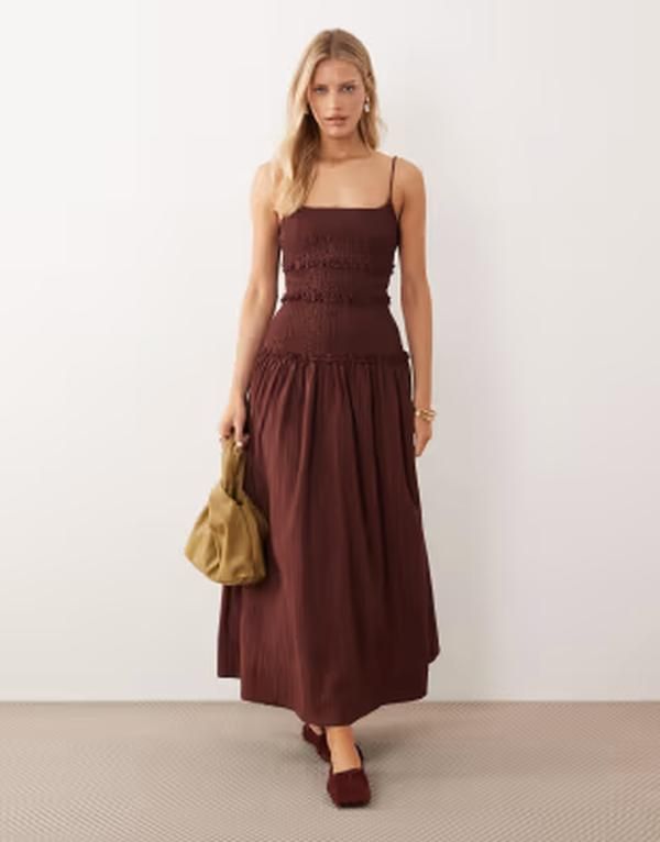 エイソス レディース トップス ワンピース マキシ ASOS DESIGN crinkle maxi sundress with shirredropped waist in warm chocolate Warm chocolate チョコレート