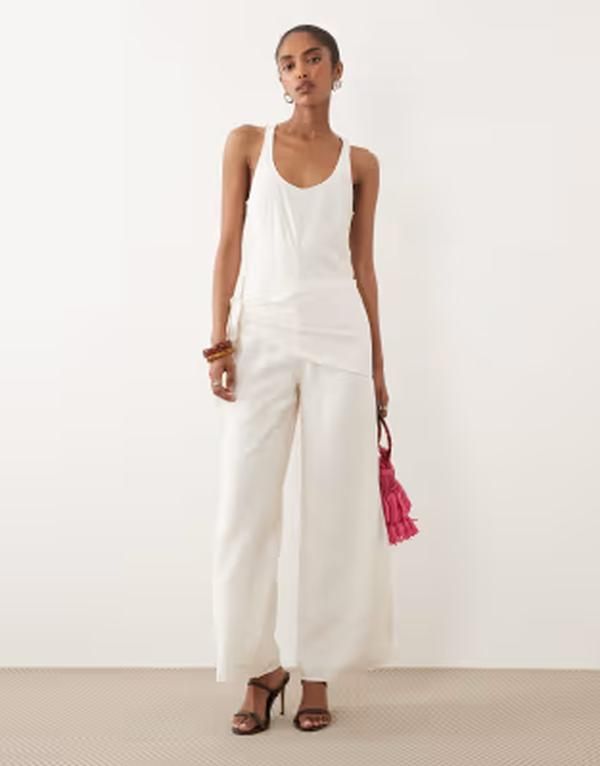 エイソス レディース トップス ジャンプスーツ サテン ASOS DESIGN satin crinkle jumpsuit with scarf waist detail in cream クリーム