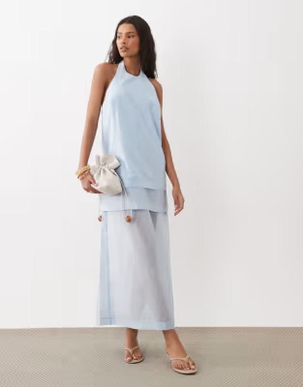 エイソス レディース トップス ワンピース ミディ ホルター ASOS DESIGN layered halter neck column midi dress in light BLUE ブルー
