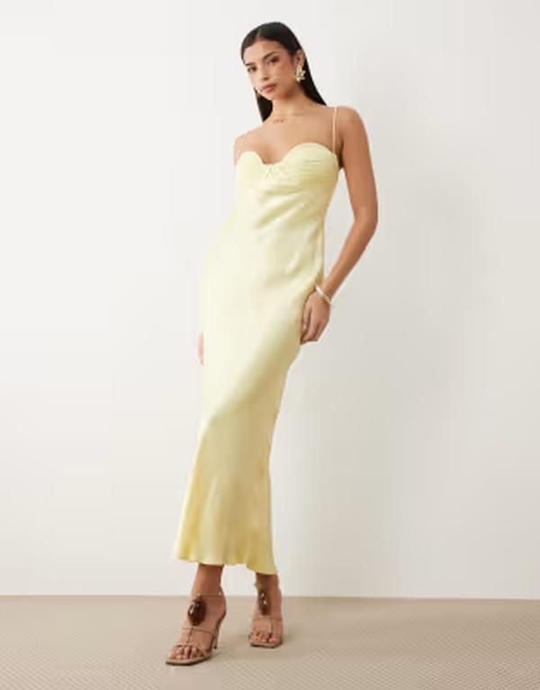 バードット レディース トップス ワンピース オープンバック サテン マキシ Bardot Devi satin cup detail open back cami maxi dress in lemon
