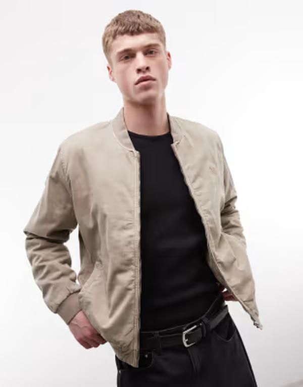 オールセインツ メンズ アウター ジャケット・ブルゾン ロゴ AllSaints Forres zip up logo bomber jacket beige ベージュ