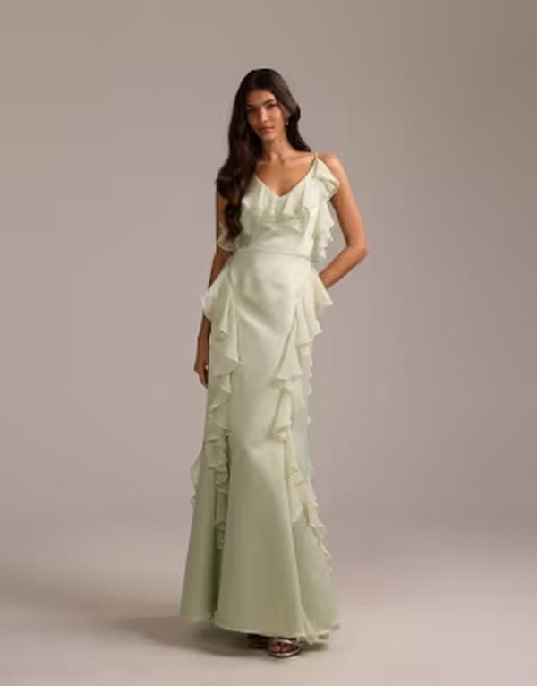 エイソス レディース トップス ワンピース シフォン フリル サテン スカート マキシ ASOS DESIGN bridesmaidsatin chiffon ruffle maxi dress with godet skirt in sage GREEN グ