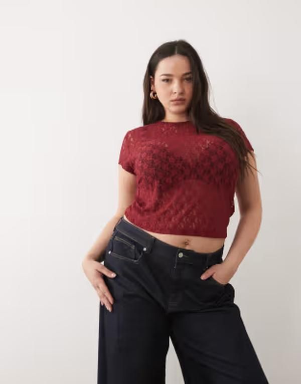 エイソス レディース トップス シャツ レース ASOS Curve ASOS DESIGN Curve lace baby tee in dark Red レッド