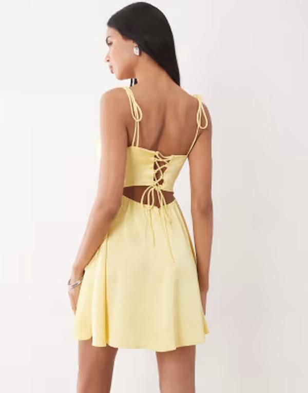 レア レディース トップス ワンピース ギャザー ミニ サテン Rare London ruched bustie back floaty satin mini dress in yellow LEMON イエロー
