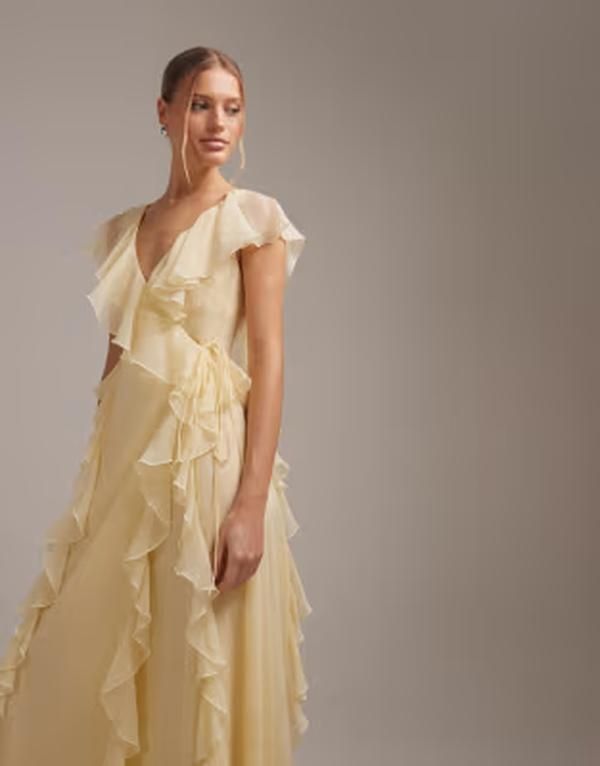 エイソス レディース トップス ワンピース フリル マキシ ASOS DESIGN bridesmaids wrap front ruffle maxi dress in yellow イエロー