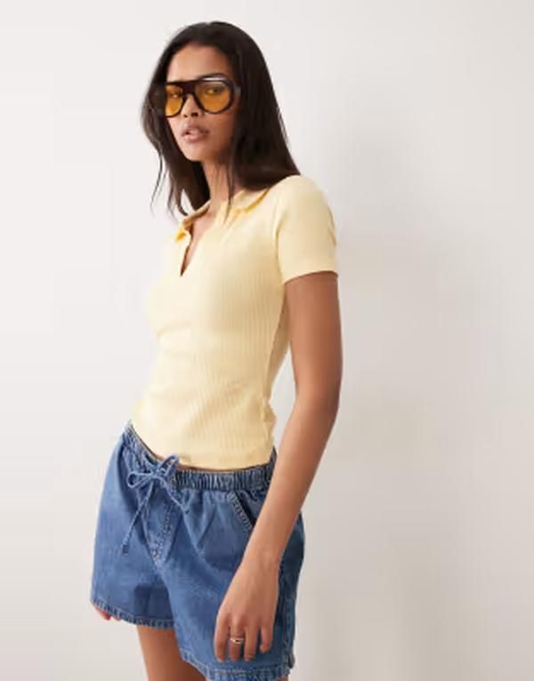 ミスセルフフリッジ レディース トップス シャツ リブニット Misselfridge fitted rib knit polo top with picot stitching in buttermilk