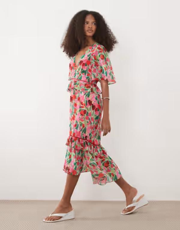 ホープ＆アイビー レディース トップス ワンピース プリント ミディ Hope Ivy midi day dress with peplum waist petal print Pink floral ピンク