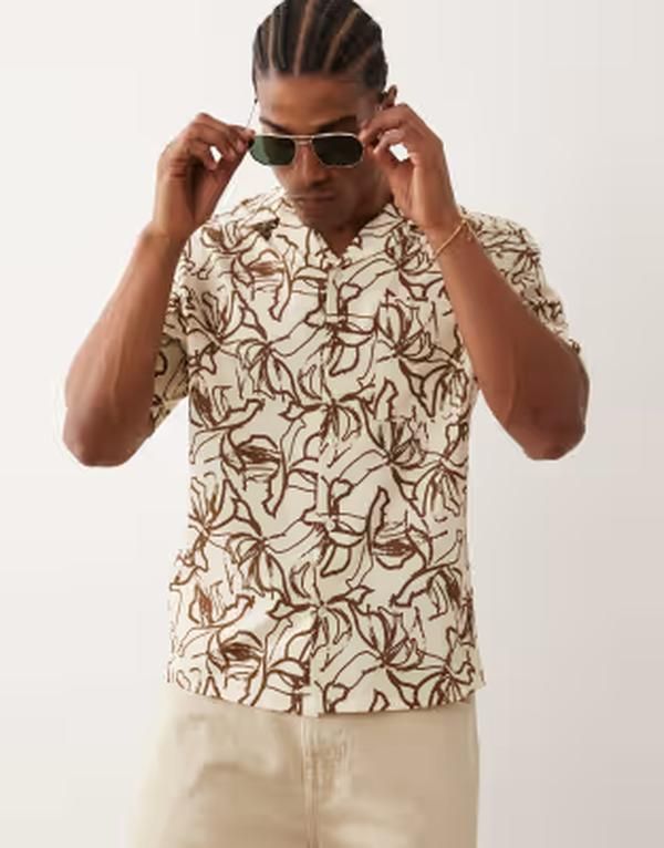 フリーソサエティ メンズ トップス シャツ プリント Free Society abstract print short sleeve beach shirt BEIGE ベージュ