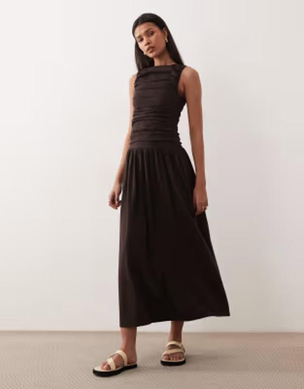 エイソス レディース トップス ワンピース ギャザー ミディ ASOS DESIGN ruched bodice midi dress in chocolate チョコレート