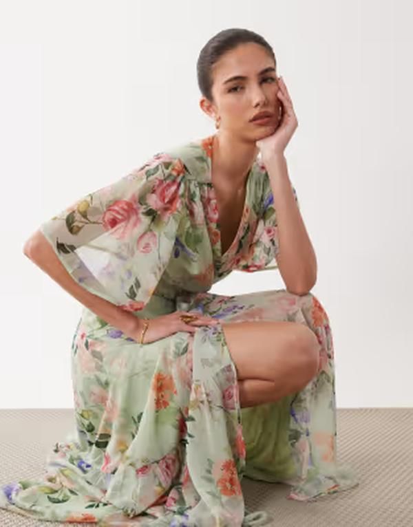ホープ＆アイビー レディース トップス ワンピース フラワー柄 プリント マキシ フラワー Hope Ivy flutter sleeve maxi wrap dress with tie waist in mint green floral print Mi