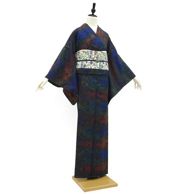 新古品】 本場大島紬 染大島 袷 着物 正絹 ぼかし 青 緑 紫 朱赤 花