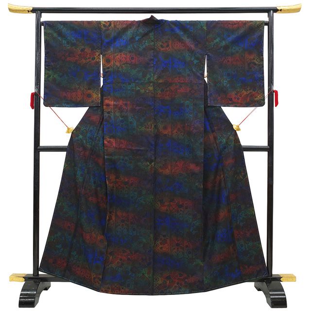 新古品】 本場大島紬 染大島 袷 着物 正絹 ぼかし 青 緑 紫 朱赤 花
