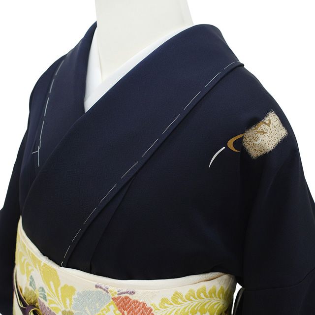 新古品】 訪問着 着物 正絹 袷 金駒刺繍 金銀彩加工 手染め 黒紺色