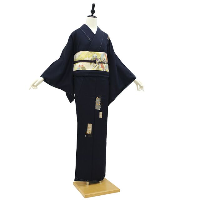 新古品】 訪問着 着物 正絹 袷 金駒刺繍 金銀彩加工 手染め 黒紺色 新古品】 訪問着 着物 正絹 袷 金駒刺繍 金銀彩加工 手染め 黒紺色