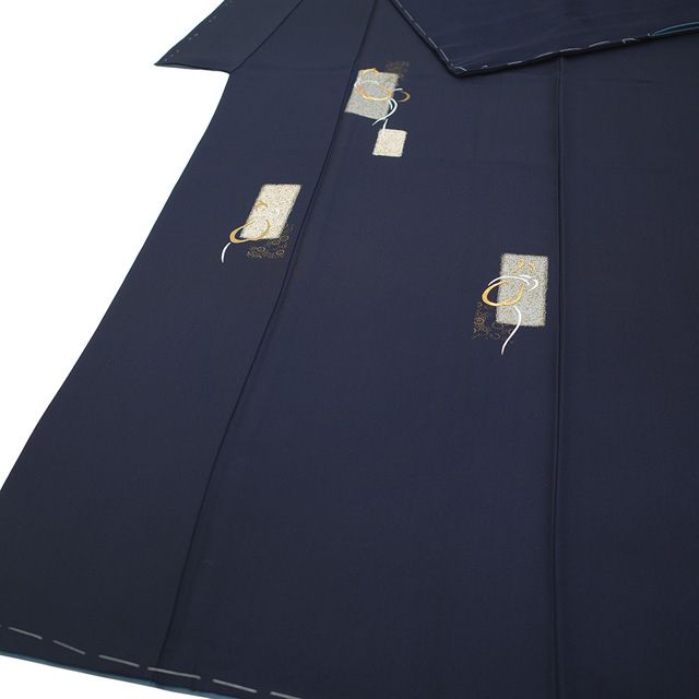 新古品】 訪問着 着物 正絹 袷 金駒刺繍 金銀彩加工 手染め 黒紺色 新古品】 訪問着 着物 正絹 袷 金駒刺繍 金銀彩加工 手染め 黒紺色