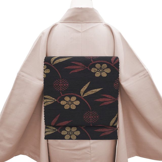 新古品】 名古屋帯 八寸 米沢 正絹 紬 全通 米澤 黒こげ茶 縞 笹蔓文様