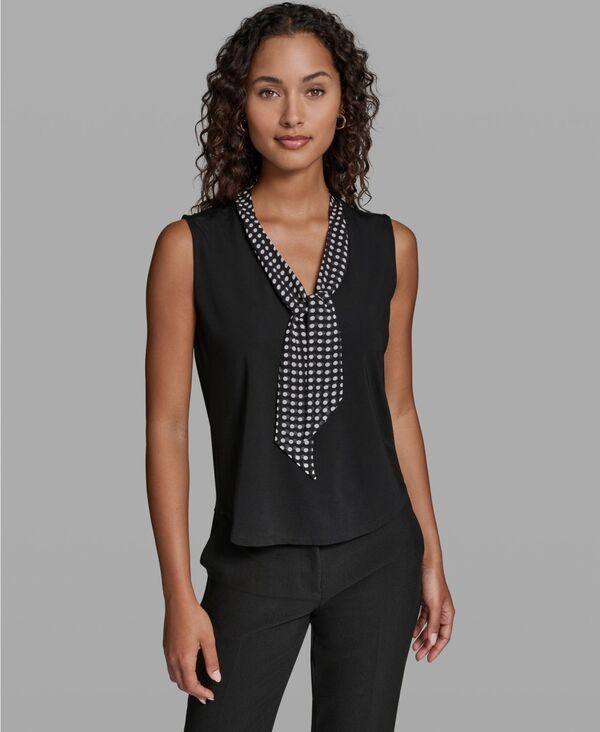 カール ラガーフェルド レディース トップス シャツ Vネック ノースリーブ KARLAGERFELD PARIS Womens VNeck Sleeveless Top Blacksoft White ホワイト