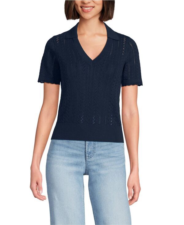 ランズエンド レディース アウター ニット・セーター ポロシャツ コットン Lands End Womens Fine Gauge Cotton Pointelle Polo Sweateradiant navy ネイビー