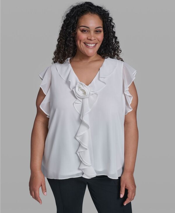 カール ラガーフェルド レディース トップス シャツ Vネック フリル ブラウス KARLAGERFELD PARIS Womens Ruffle Rosette Trim VNeck Blouse Soft White ホワイト