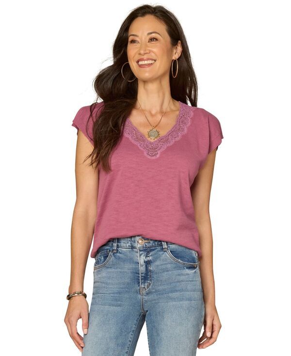 デモクラシー レディース アウター ニット・セーター Vネック プチ 半袖 Democracy Petite VNeck ShortSleeve Sweater Wild Mulberry