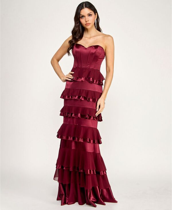シティー スタジオ レディース トップス ワンピース フリル ストラップレス City Studios Juniors Strapless Corset Ruffle Tier Slim Gown Deep wine ワイン