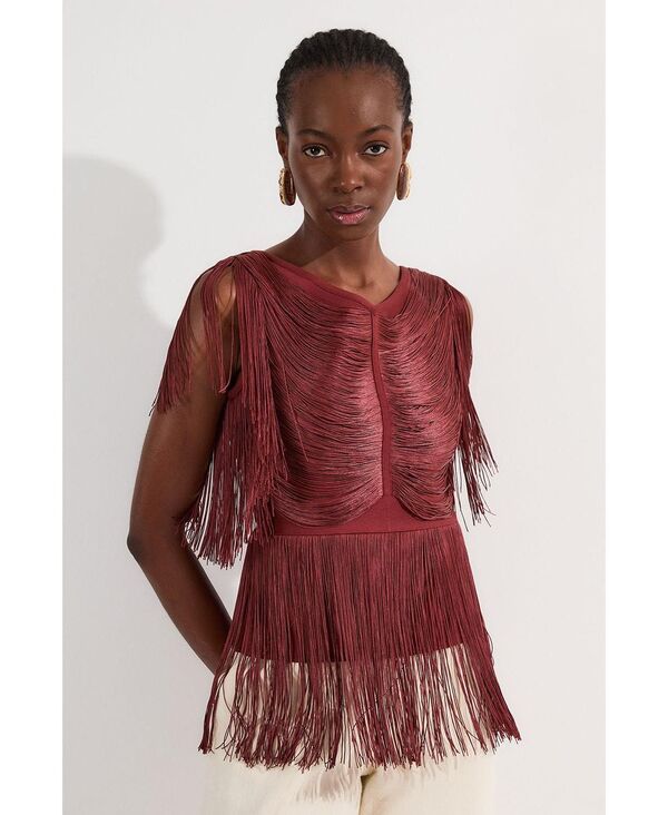カレンミレン レディース トップス シャツ ドレープ ニット フリンジ Karen Millen Womens Draped Fringe Knitted Top Rich red レッド