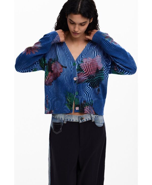 デジグアル レディース アウター ニット・セーター フラワー柄 カーディガン フラワー Desigual Womens Floral cardigan sweater Blue ブルー