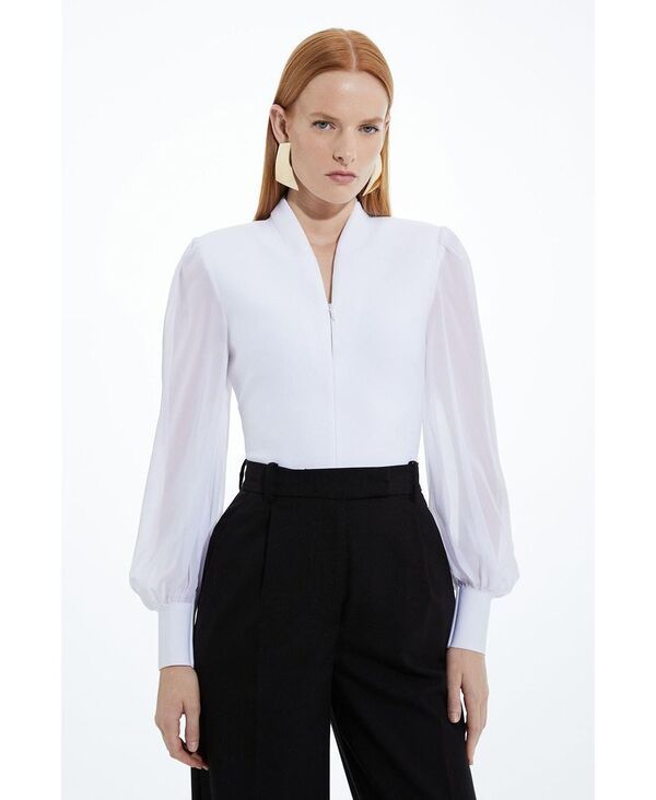 カレンミレン レディース トップス シャツ シフォン ニット Karen Millen Womens Zip Detail Chiffon Sleeve Knitop Ivory アイボリー