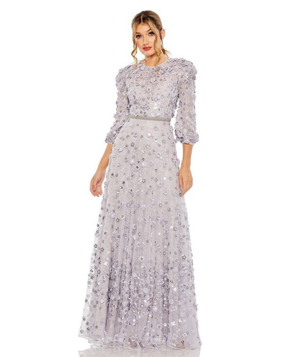 マックダガル レディース トップス ワンピース A ライン ハイネック フラワー柄 フラワー Mac Duggal Womens Floral Applique Puff Sleeve High Neck ALine Gown Lavender ラベンダー