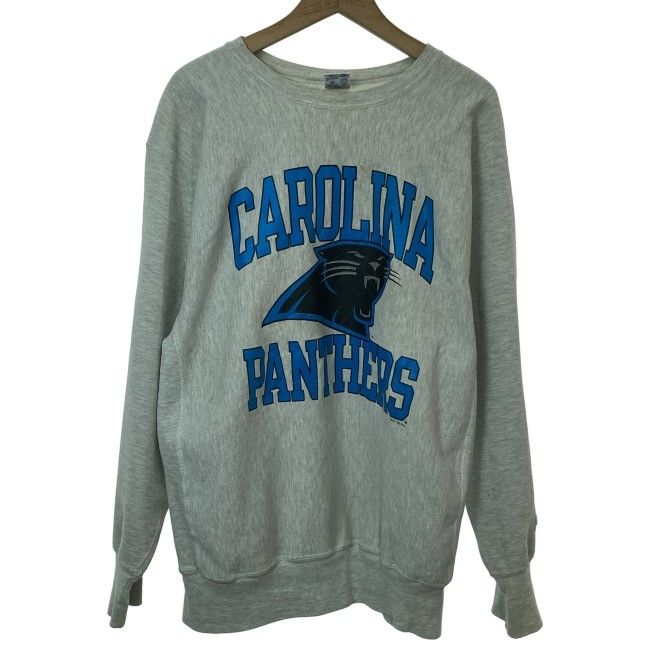 【中古】　Champion REVERSE WEAVE　スウェット　90s vintage　90年代　OLD　長袖　トレーナー　トップス　クルーネック　裏起毛　プリント　カロライナ・パンサーズ　フットボール　オーバーサイズ　アメカジ　古着　/4304