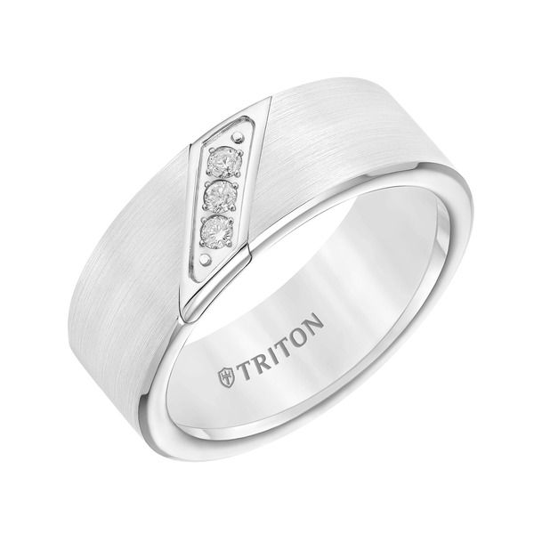 トリトン レディース アクセサリー 指輪 サテン Triton 8mm White Tungsten Carbide Ring with Diagonal Set Diamonds and Satin Finish with Flat Edge Metalli