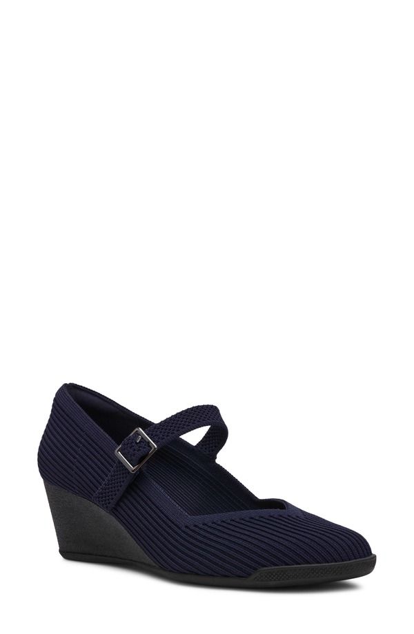 アンクライン レディース シューズ ヒール Anne Klein Trixie Wedge Mary Jane Pump Navy Knit ネイビー