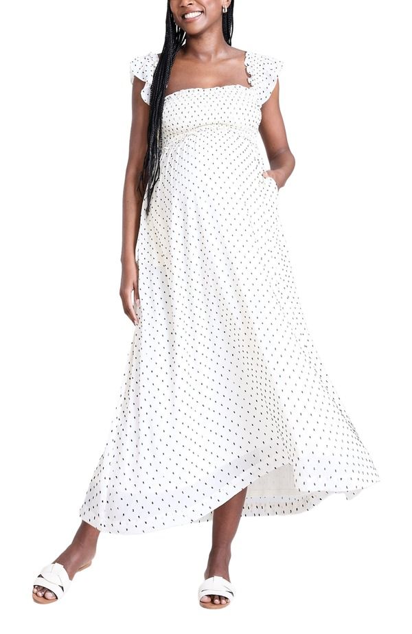 マザーフッドマタニティー レディース トップス ワンピース フリル ノースリーブ シャーリング マキシ MOTHERHOOD MATERNITY Sleeveless Ruffle Shoulder Smocked Maxi Dress White Black