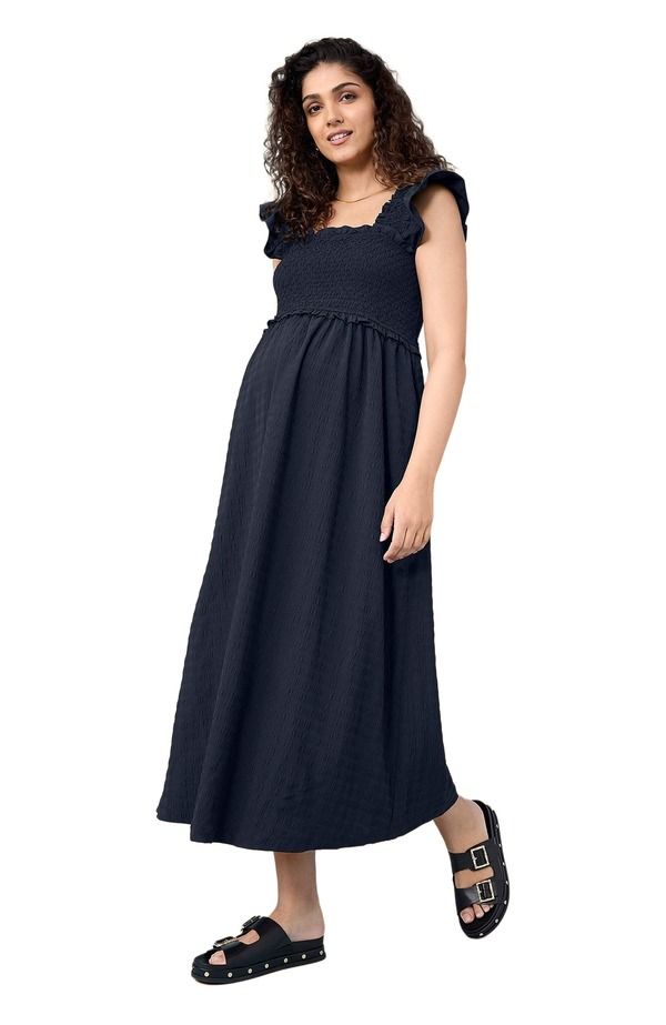 マザーフッドマタニティー レディース トップス ワンピース フリル ノースリーブ シャーリング マキシ MOTHERHOOD MATERNITY Sleeveless Ruffle Shoulder Smocked Maxi Dress Black ブラック 10,136円