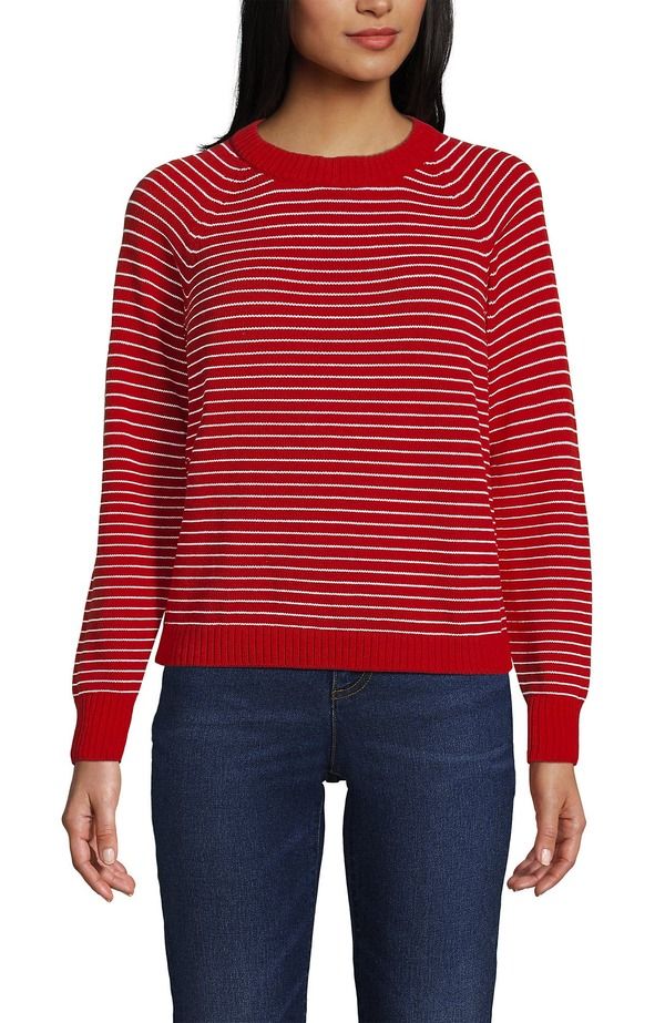 ランズエンド レディース アウター パーカー・スウェット クルーネック セーター Lands Endrifter Jacquard Raglan Crew Neck Sweater Compass RedIvory Mini Stripe アイボリー