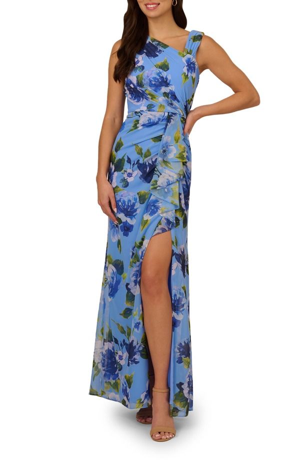 アドリアナ パペル レディース トップス ワンピース シフォン プリント フリル Adrianna Papell Printed Ruffle Chiffon Mermaid Gown Blue Multi ブルー