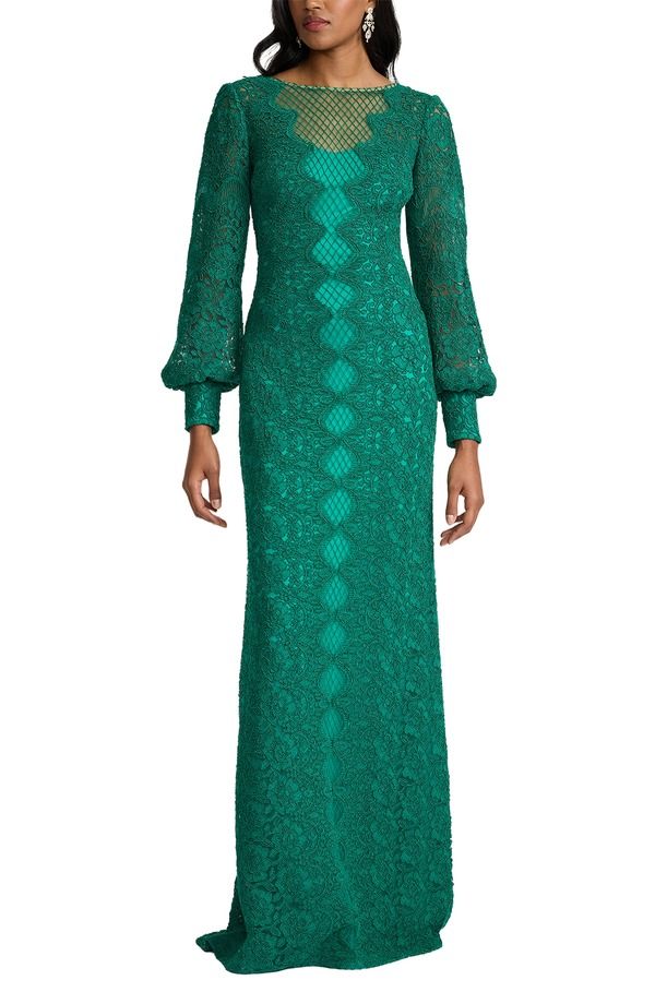 タダシショージ レディース トップス ワンピース レース Tadashi Shoji Long sleeve Corded Lace Gown Emerald エメラルド