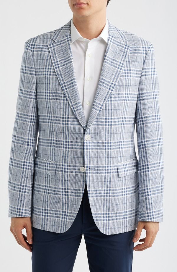 ボス メンズ アウター ジャケット・ブルゾン スリムフィット コットン コート リネン BOSS Hutson Slim Fit Blue White Plaid Linen Cotton Blend Sport Coat Open Blue ブルー