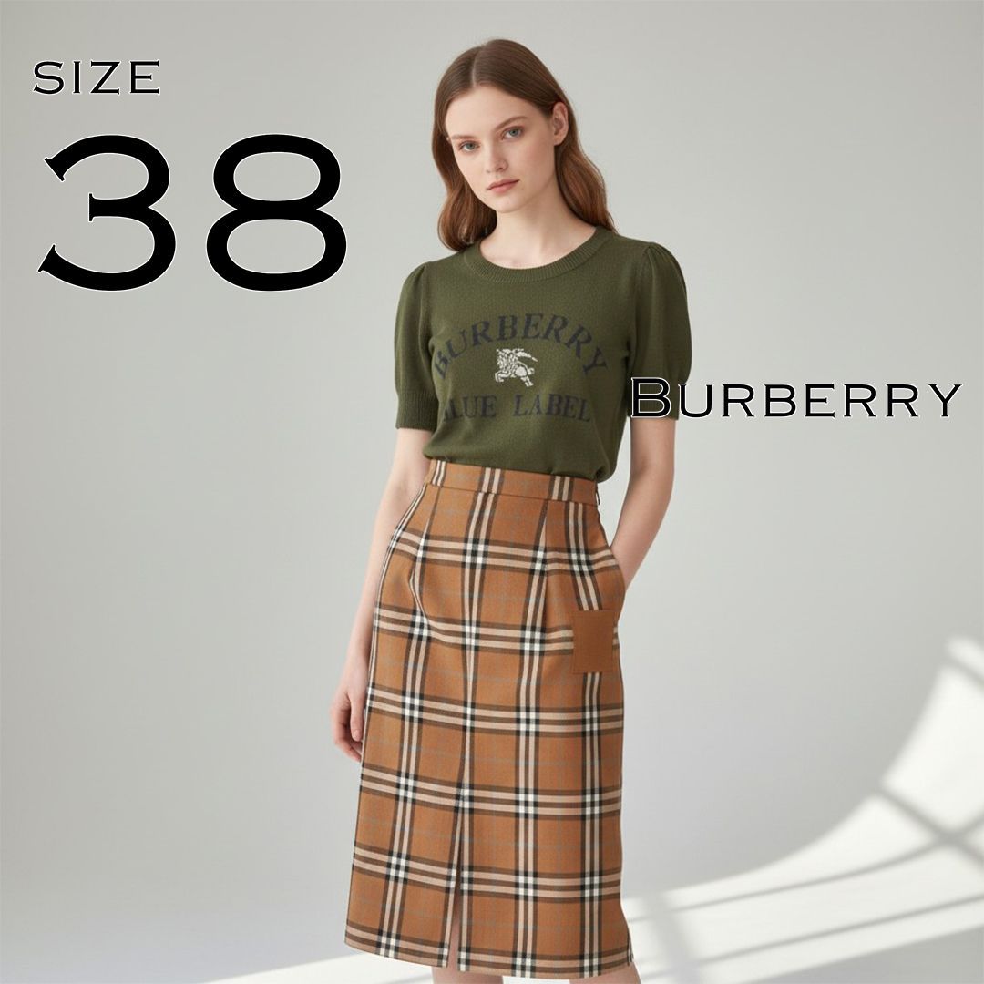 BURBERRY BLUE LABELバーバリー ブルーレーベル フロントビッグロゴ パフスリーブ 半袖サマーニット 38(M) カーキ 【古着】【中古】【送料無料】