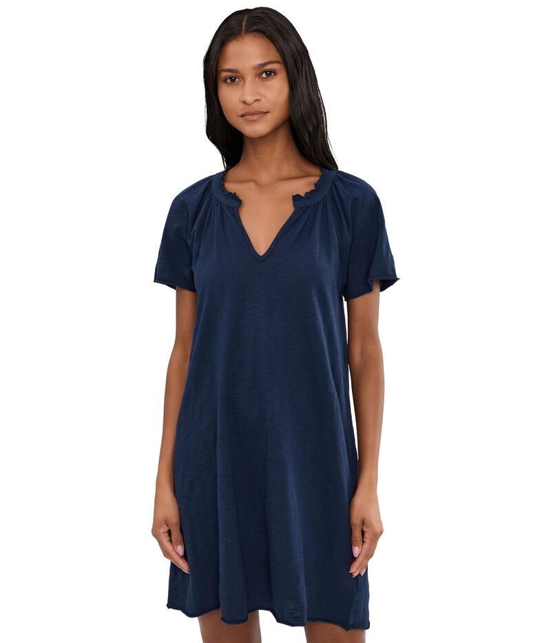 モッドドック レディース トップス ワンピース Mododoc Short Sleeve Shirred SplitNeck Dress Vibrant Navy ネイビー