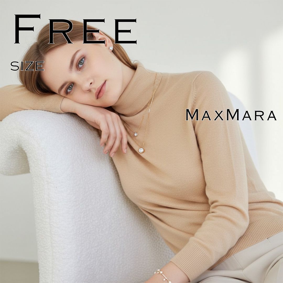 Max Maraマックスマーラ 最高級白タグ イタリア製 ピュアヴァージンウールウール100% シャーリングタートルネック ニット M キャメルベージュ 【古着】【中古】【送料無料】