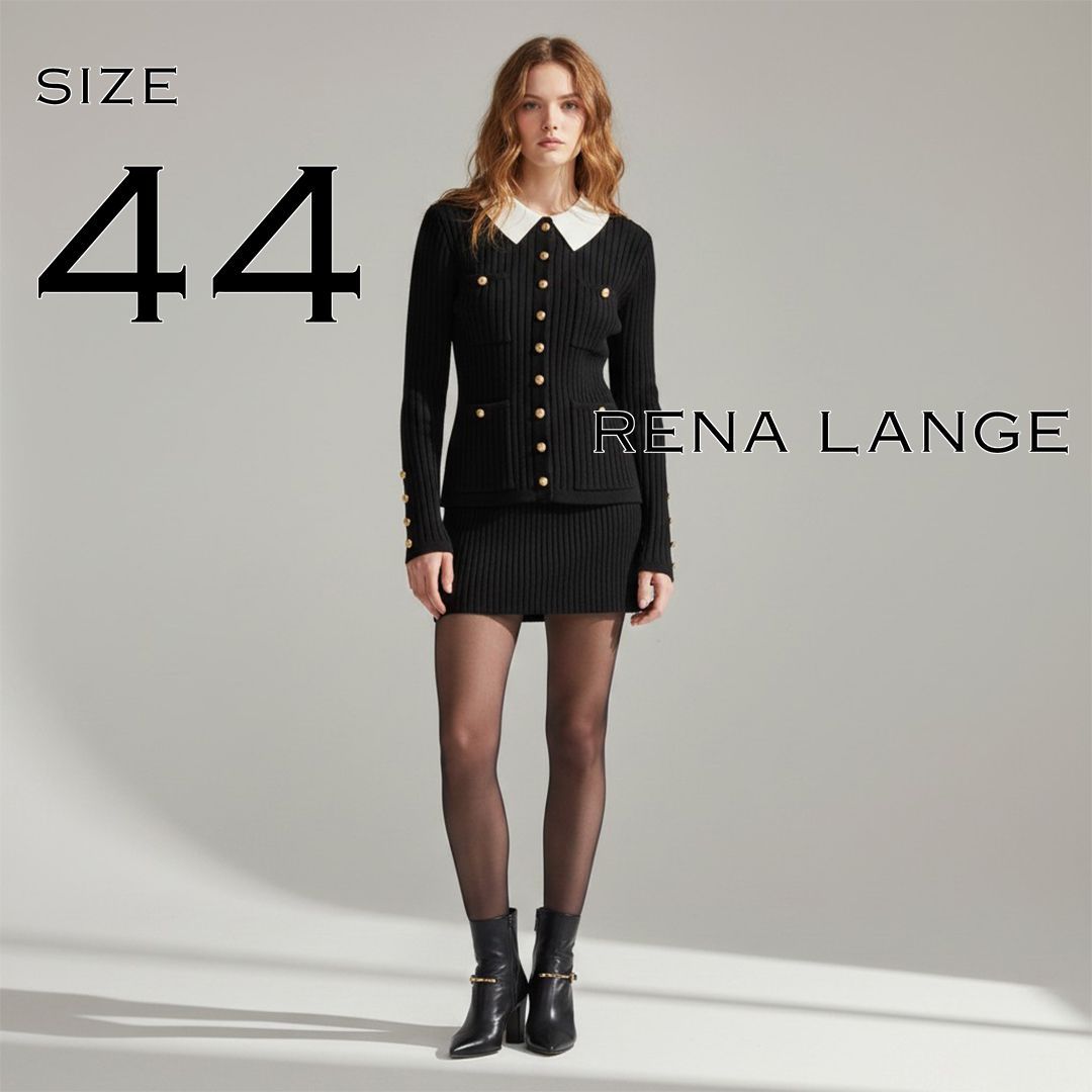 【美品】 RENA LANGEレナランゲ イタリア製 2WAY 金ボタン ウール100% ラウンドカラー丸襟 リブニットロングカーディガン 44(L) 黒 ブラック 【古着】【中古】【送料無料】
