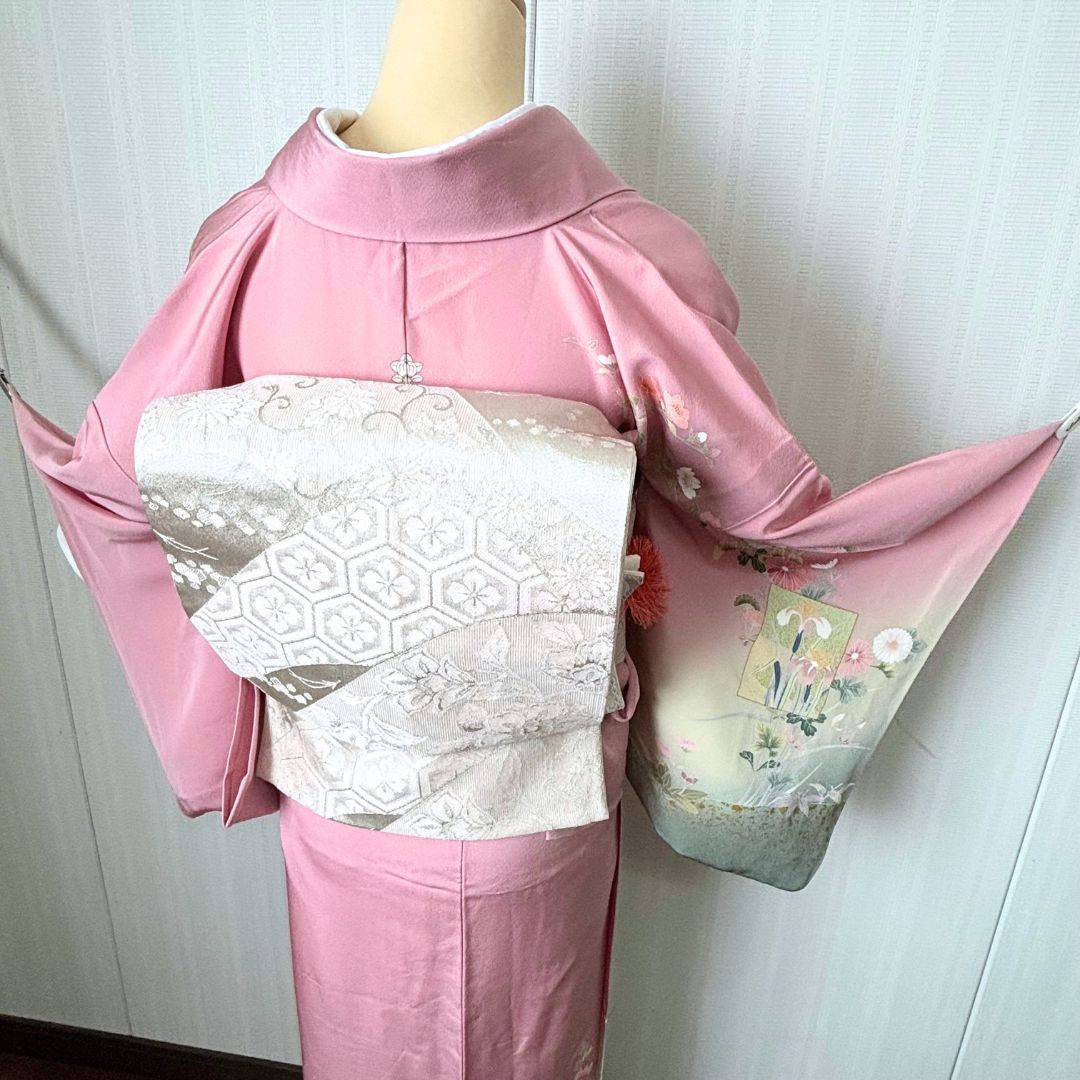 トールサイズ】単衣 訪問着 6点フルセット ピンク 草花 一つ紋 落款