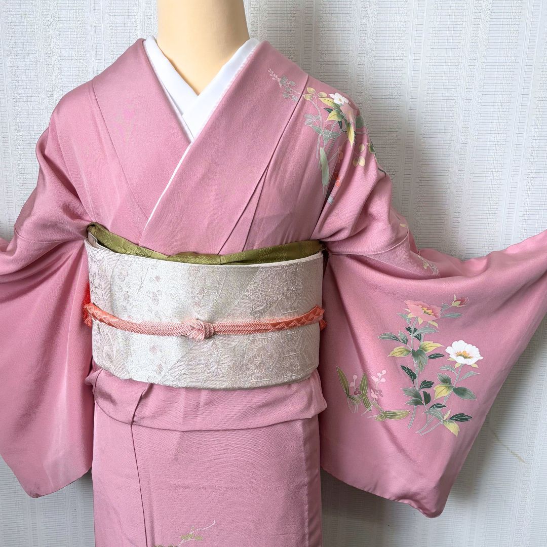 トールサイズ】単衣 訪問着 6点フルセット ピンク 草花 一つ紋 落款