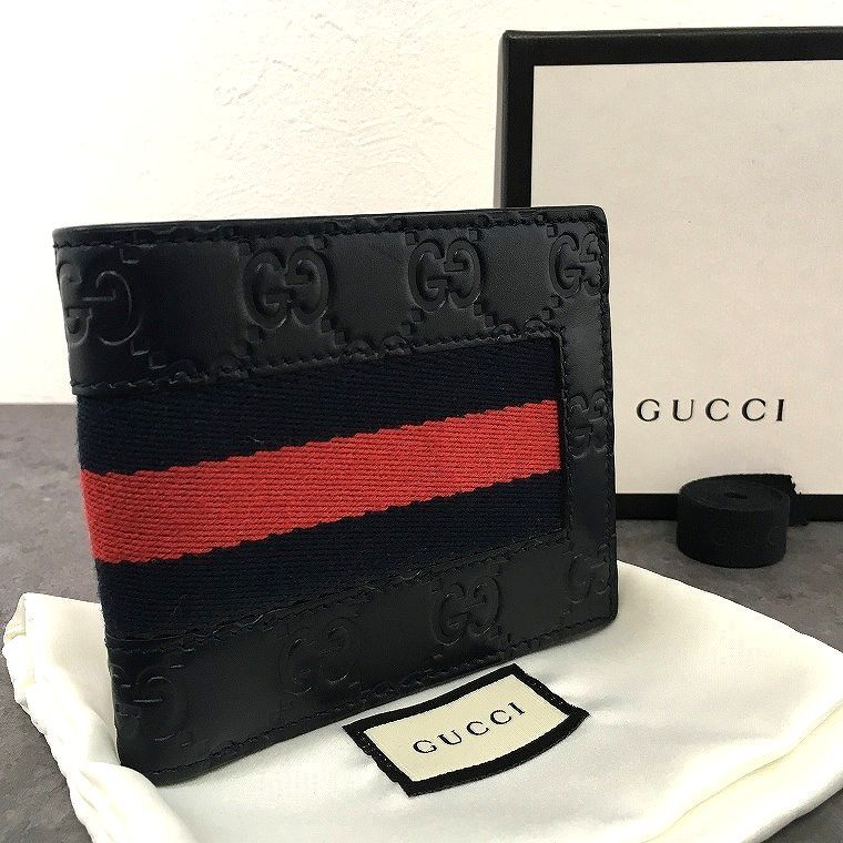 送料込み！ 極美品 GUCCI 二つ折り札入れ 408827 ネイビー 財布 箱付き 195