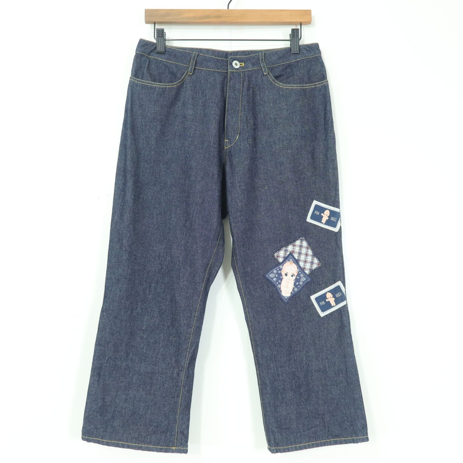 ピンクハウス★キューピー&オリチェパッチワーク♪デニムのクロップドパンツ 大きいサイズL ネイビー系 無地 z20186
