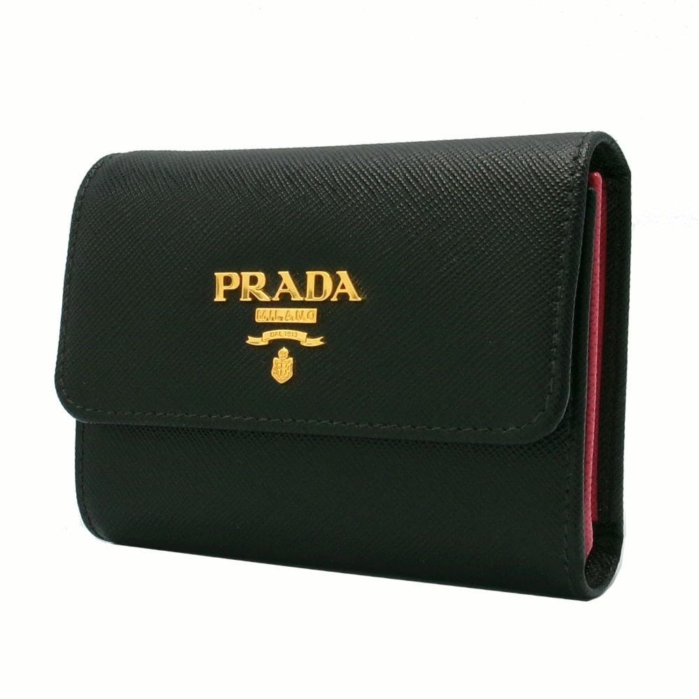【新品】プラダ 財布 三つ折り財布 PRADA サフィアーノ ロゴ コンパクト ウォレット 1MH025 SAFFIANO MULTIC NERO+IBISCO(ブラック×ピンク系)アウトレット レディース 送料無料 60,500円
