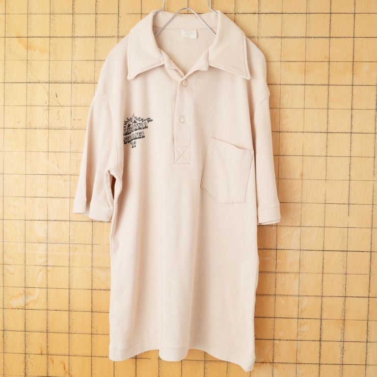 80s USA CALIFORNIA SUMMER '87 オープンカラー ポロシャツ メンズL ベージュ 半袖 アメリカ古着　031926ss77